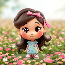 A 3D cartoon girl with a simple and charming design, featuring a round face and wide shiny eyes