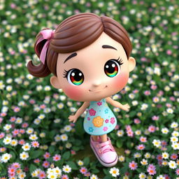 A 3D cartoon girl with a simple and charming design, featuring a round face and wide shiny eyes
