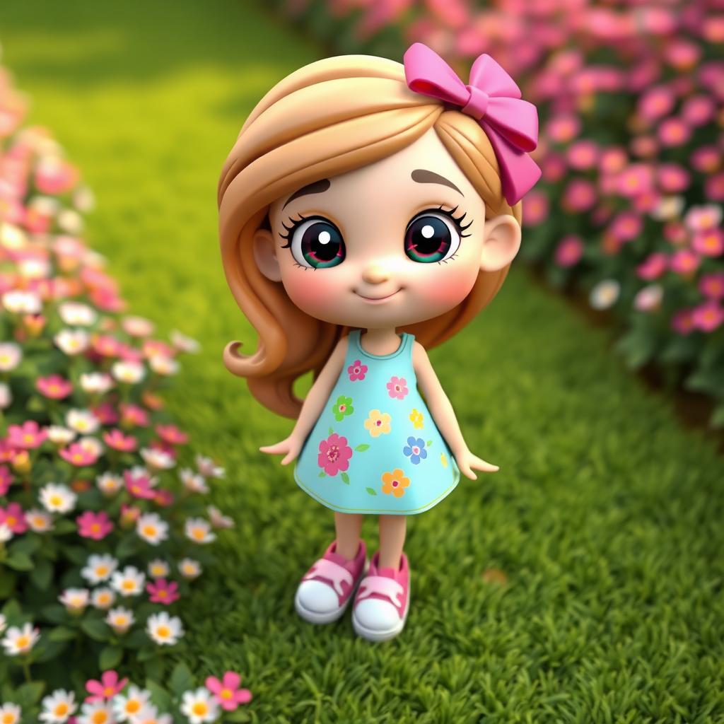 A 3D cartoon girl with a simple and charming design, featuring a round face and wide shiny eyes