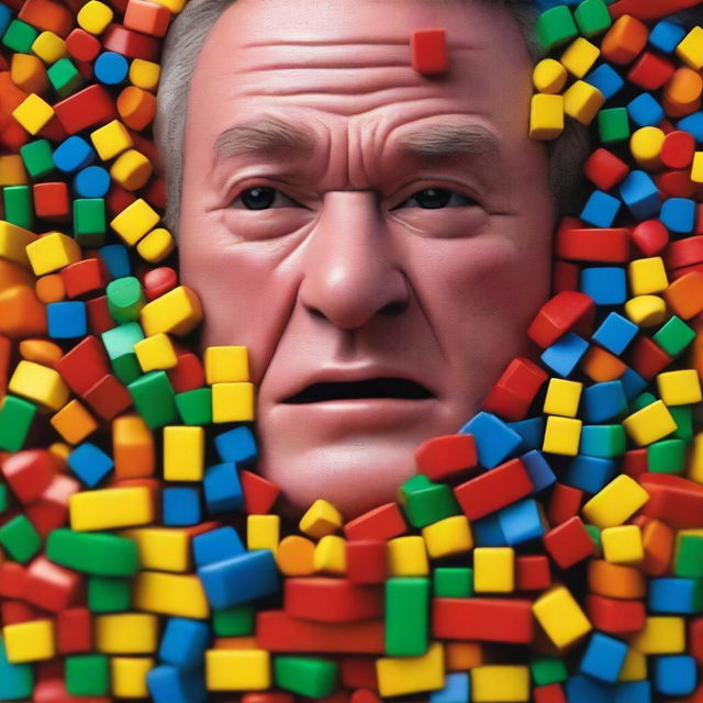 A hyper-realistic digital art piece capturing a man looking angrily at a pile of Lego blocks