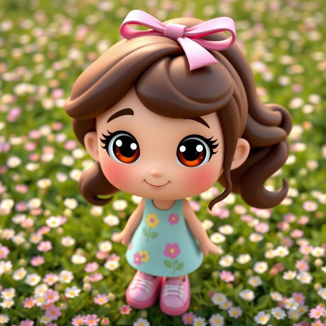 A 3D cartoon girl with a simple and charming design, featuring a round face and wide shiny eyes