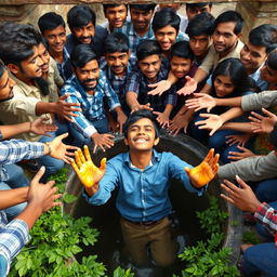 A dramatic scene of a boy named Gobin who has fallen into a well, with 27 classmates surrounding the well in a university setting