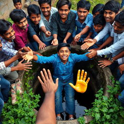 A dramatic scene of a boy named Gobin who has fallen into a well, with 27 classmates surrounding the well in a university setting