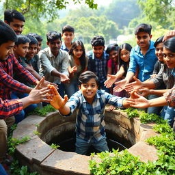 A dramatic scene of a boy named Gobin who has fallen into a well, with 27 classmates surrounding the well in a university setting