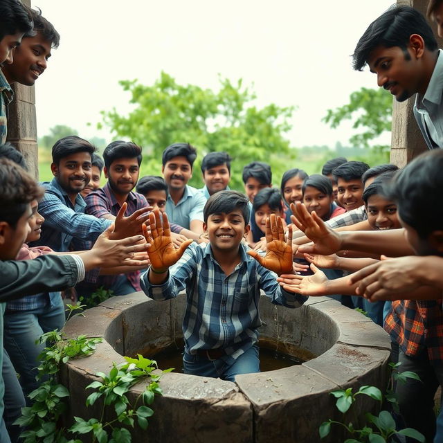 A dramatic scene of a boy named Gobin who has fallen into a well, with 27 classmates surrounding the well in a university setting