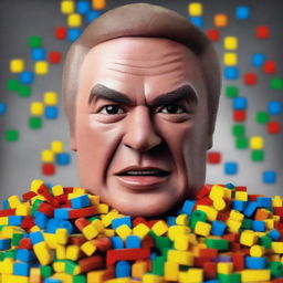 A hyper-realistic digital art piece capturing a man looking angrily at a pile of Lego blocks