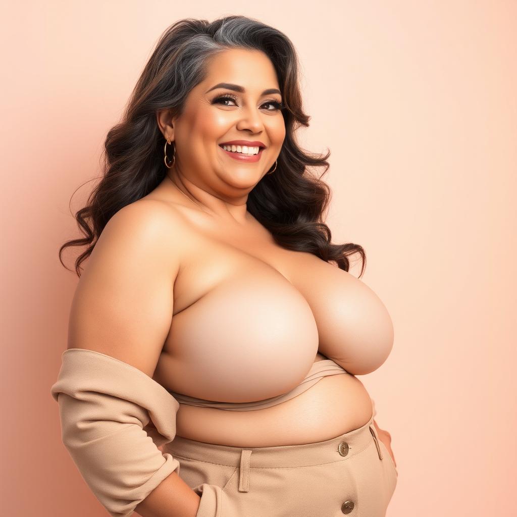 A voluptuous woman in her fifties with fair skin, accentuated curves, a large bust and hips, exuding confidence and allure