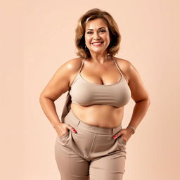 A voluptuous woman in her fifties with fair skin, accentuated curves, a large bust and hips, exuding confidence and allure