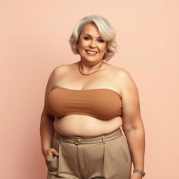 A voluptuous woman in her fifties with fair skin, accentuated curves, a large bust and hips, exuding confidence and allure