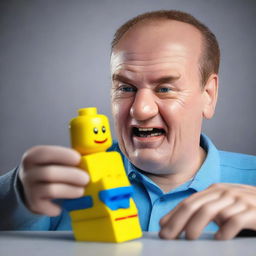 A hyper-realistic digital art piece depicts a man looking confused as he holds a piece of Lego