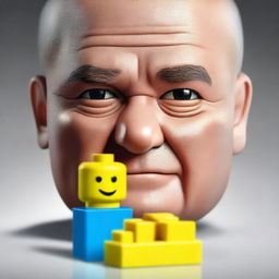 A hyper-realistic digital art piece depicts a man looking confused as he holds a piece of Lego