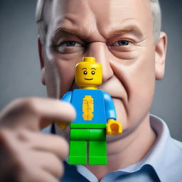 A hyper-realistic digital art piece depicts a man looking confused as he holds a piece of Lego