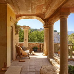 A picturesque veranda situated between two rooms, each with unique architectural characteristics and decorations.