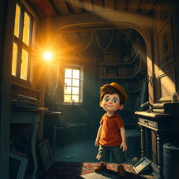 A bright summer afternoon with warm sunlight streaming through the windows of an old house, filled with character and history