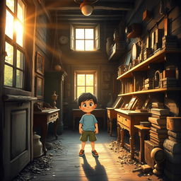 A bright summer afternoon with warm sunlight streaming through the windows of an old house, filled with character and history