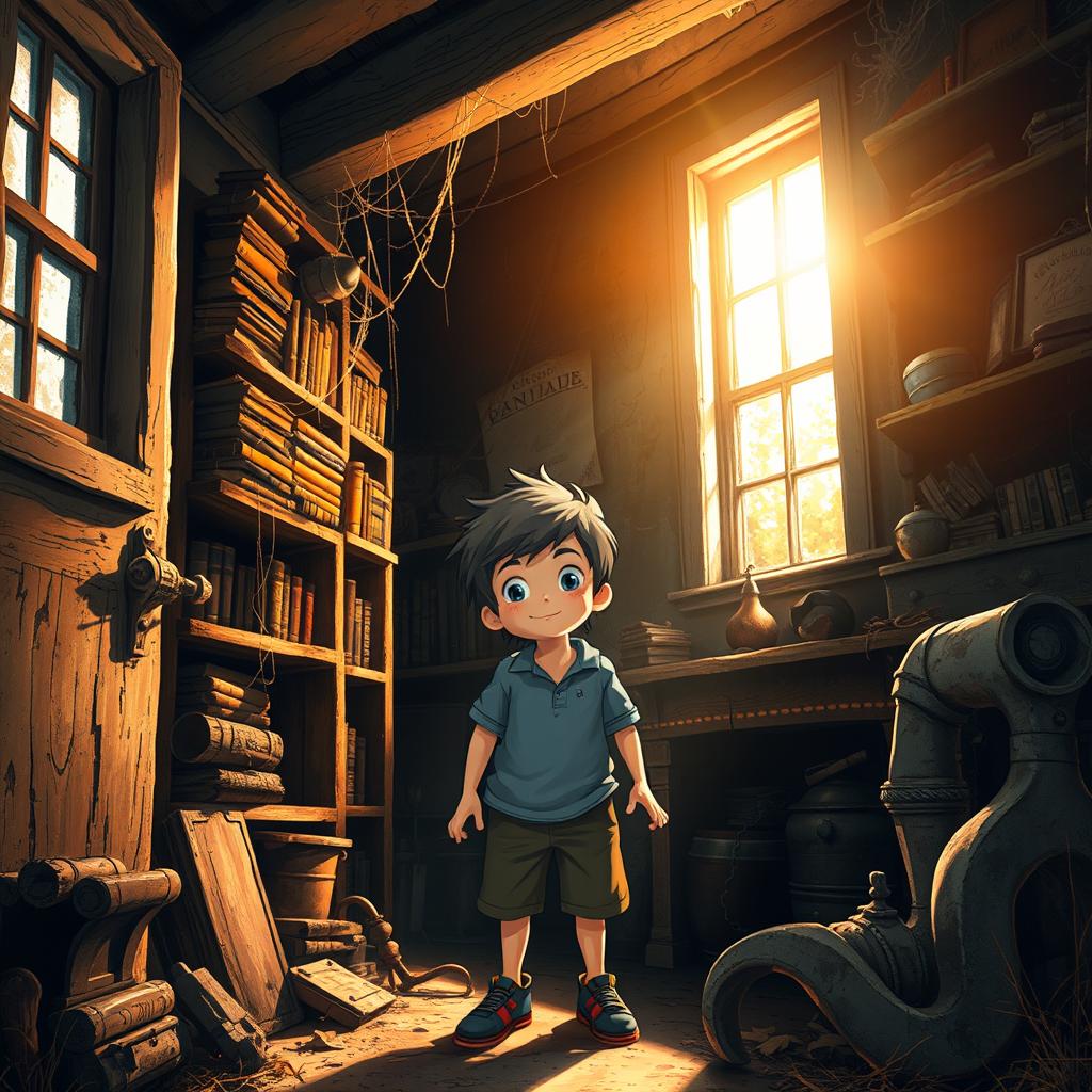 A bright summer afternoon with warm sunlight streaming through the windows of an old house, filled with character and history