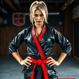 A beautiful Caucasian dominatrix martial arts expert wearing a sleek black latex karate gi and a vibrant red latex karate belt