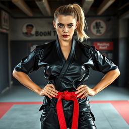 A beautiful Caucasian dominatrix martial arts expert wearing a sleek black latex karate gi and a vibrant red latex karate belt