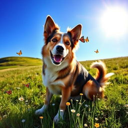 A majestic dog sitting on a grassy hill, with a bright blue sky overhead, showcasing its shiny coat and expressive eyes