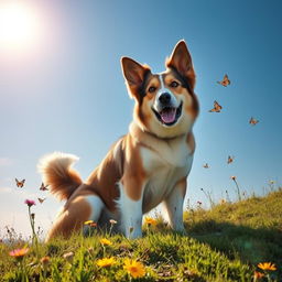 A majestic dog sitting on a grassy hill, with a bright blue sky overhead, showcasing its shiny coat and expressive eyes