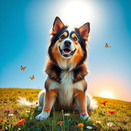 A majestic dog sitting on a grassy hill, with a bright blue sky overhead, showcasing its shiny coat and expressive eyes