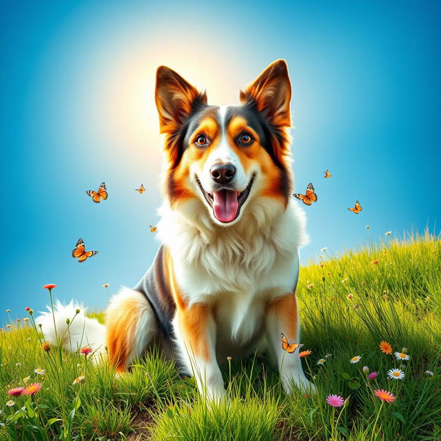 A majestic dog sitting on a grassy hill, with a bright blue sky overhead, showcasing its shiny coat and expressive eyes