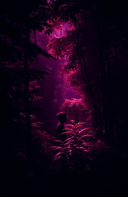 A lush, vibrant forest filled with dense foliage, featuring a rich wine-colored aura that envelops the scene