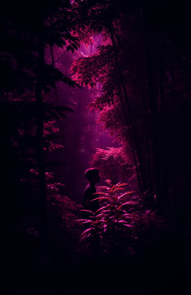A lush, vibrant forest filled with dense foliage, featuring a rich wine-colored aura that envelops the scene