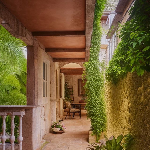 A picturesque veranda situated between two rooms, each with unique architectural characteristics and decorations.