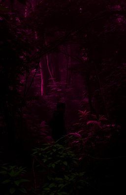 A lush, vibrant forest filled with dense foliage, featuring a rich wine-colored aura that envelops the scene