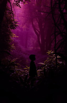 A lush, vibrant forest filled with dense foliage, featuring a rich wine-colored aura that envelops the scene