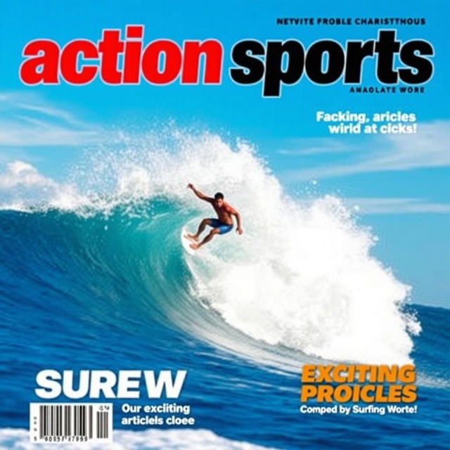 A dynamic cover image for an action sports magazine featuring a surfer skillfully riding an enormous, powerful wave