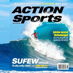 A dynamic cover image for an action sports magazine featuring a surfer skillfully riding an enormous, powerful wave
