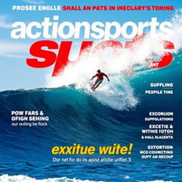 A dynamic cover image for an action sports magazine featuring a surfer skillfully riding an enormous, powerful wave