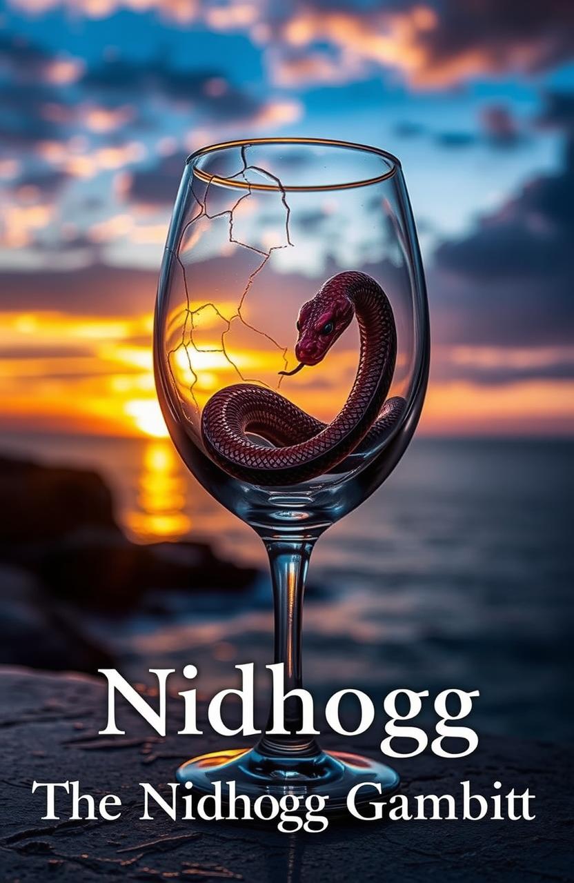 A cracked wine glass containing a coiled serpent, positioned elegantly against the backdrop of a breathtaking seaside sunset