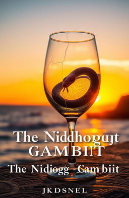 A cracked wine glass containing a coiled serpent, positioned elegantly against the backdrop of a breathtaking seaside sunset