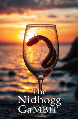 A cracked wine glass containing a coiled serpent, positioned elegantly against the backdrop of a breathtaking seaside sunset
