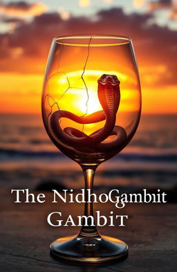 A cracked wine glass containing a coiled serpent, positioned elegantly against the backdrop of a breathtaking seaside sunset