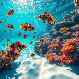 A surreal underwater scene featuring an imaginative blend of fish species, including vibrant clownfish, majestic angelfish, and shimmering parrotfish