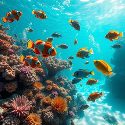 A surreal underwater scene featuring an imaginative blend of fish species, including vibrant clownfish, majestic angelfish, and shimmering parrotfish