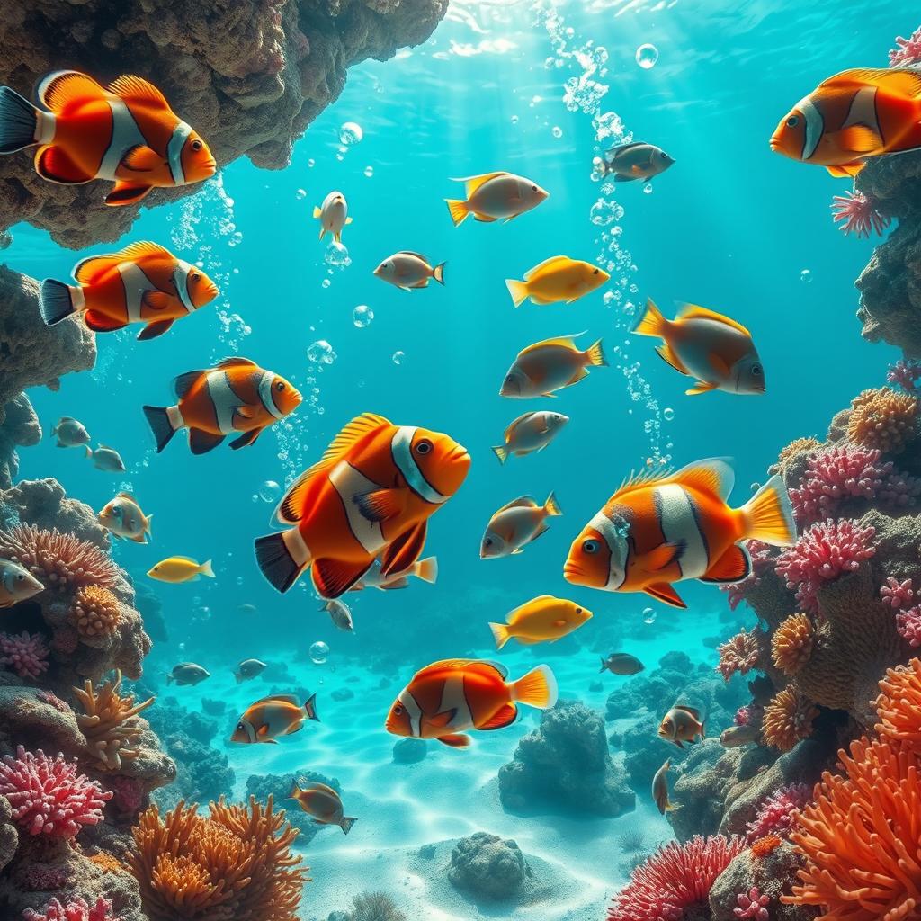 A surreal underwater scene featuring an imaginative blend of fish species, including vibrant clownfish, majestic angelfish, and shimmering parrotfish