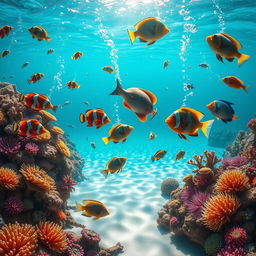 A surreal underwater scene featuring an imaginative blend of fish species, including vibrant clownfish, majestic angelfish, and shimmering parrotfish