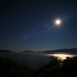 A stunning night sky over a serene lake, illuminated by millions of stars