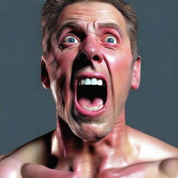 A hyper-realistic digital art piece depicts a man in shock, focusing on the upper half of his body