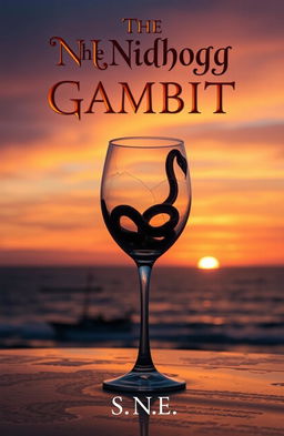 A cracked wine glass containing a serpent, elegantly coiled inside it, set against a breathtaking seaside sunset
