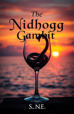 A cracked wine glass containing a serpent, elegantly coiled inside it, set against a breathtaking seaside sunset