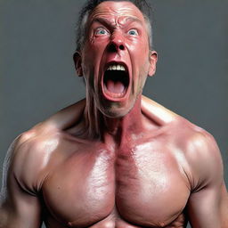 A hyper-realistic digital art piece depicts a man in shock, focusing on the upper half of his body