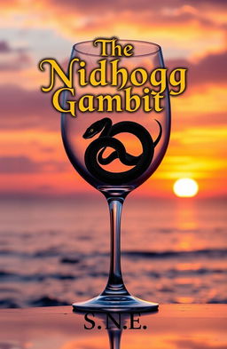 A cracked wine glass containing a serpent, elegantly coiled inside it, set against a breathtaking seaside sunset