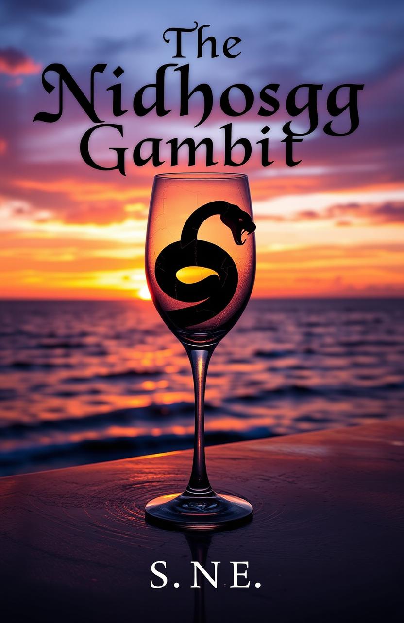 A cracked wine glass containing a serpent, elegantly coiled inside it, set against a breathtaking seaside sunset