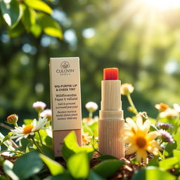 A creative depiction of a dual-purpose lip and cheek tint, elegantly housed in a fully biodegradable tube made from pressed sugarcane pulp